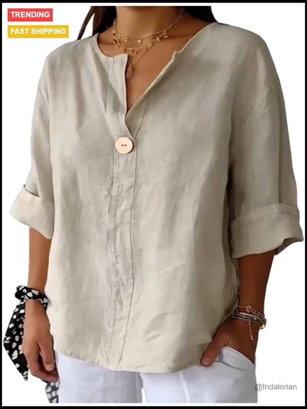 Plus Size Linen Cotton 3/4 Sleeve V Neck Button Blouse Tunic Tops Loose Fit